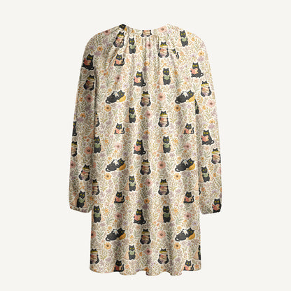Books Blooms and Black Cats Print Boho Tie‑Neck Smock Mini Dress