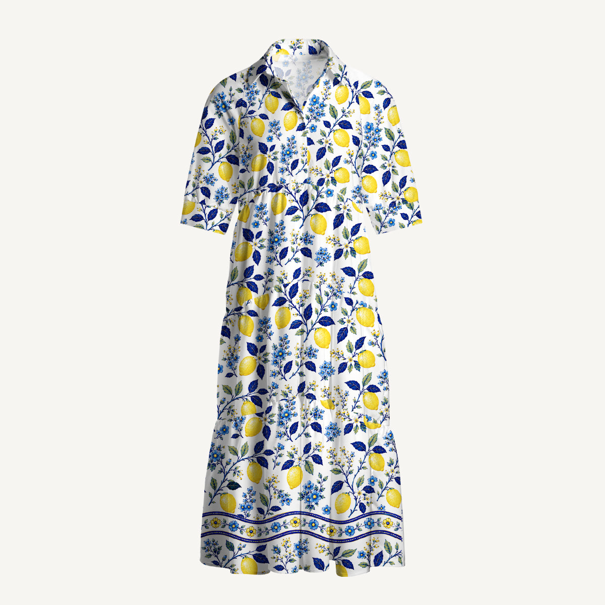 V Neck Collared Blue Lemon Floral Print Casual Midi Dress With Pockets