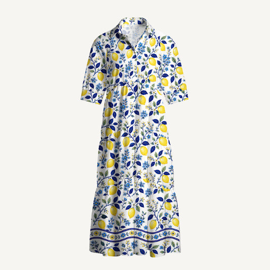 V Neck Collared Blue Lemon Floral Print Casual Midi Dress With Pockets