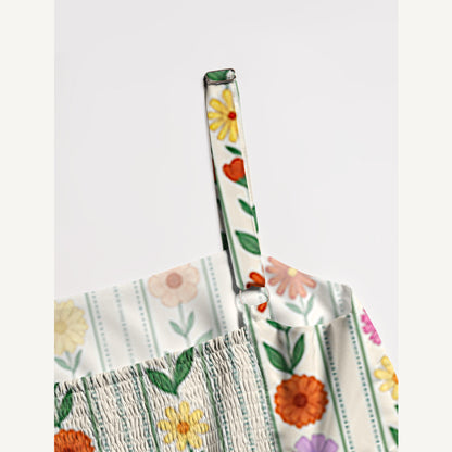 Vintage Vertical Floral Stripe Print Wide Straps Maxi Dress With Pockets