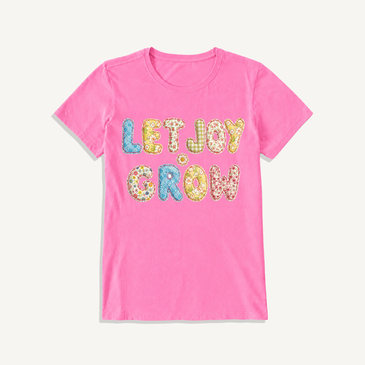 Let Joy Grow Patchwork Print Crew Neck Cotton Tee