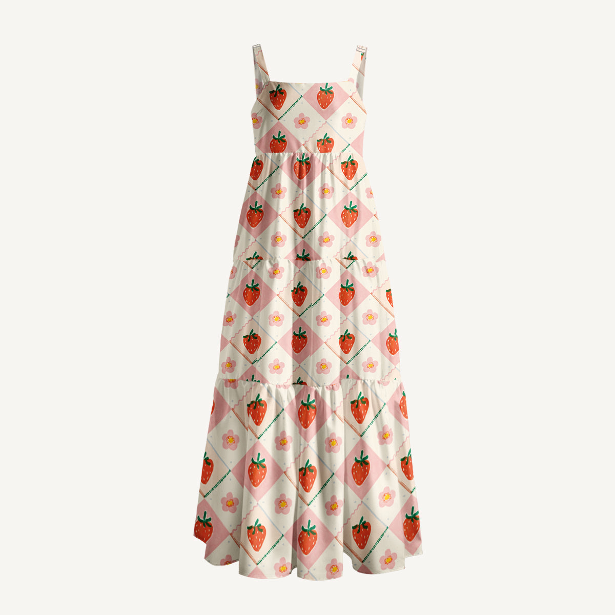 Strawberry Check Print Wide Straps Maxi Dress With Pockets
