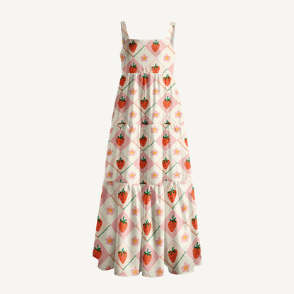 Strawberry Check Print Wide Straps Maxi Dress With Pockets