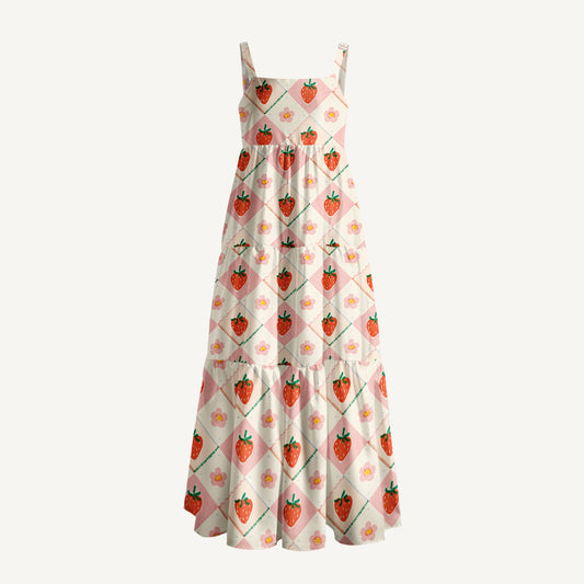 Strawberry Check Print Wide Straps Maxi Dress With Pockets