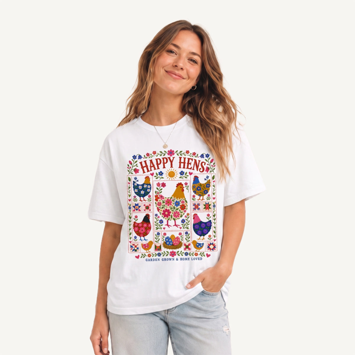 Happy Hens Floral Print Crew Neck Cotton Tee