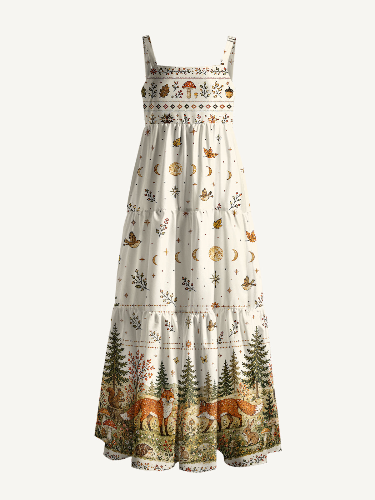 Moonlit Woodland Foxes Print Wide Straps Maxi Dress With Pockets