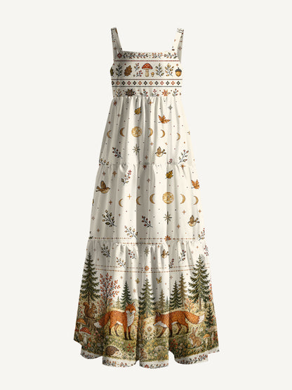Moonlit Woodland Foxes Print Wide Straps Maxi Dress With Pockets