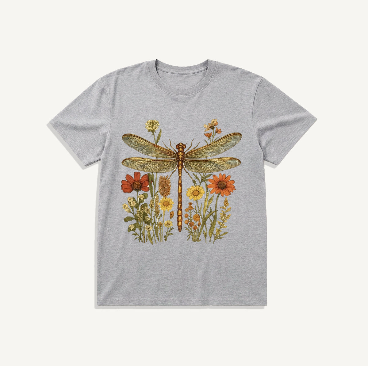 Vintage Dragonfly Blooms Print Crew Neck Cotton Tee