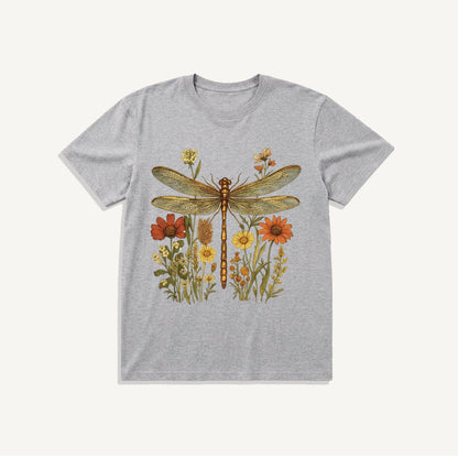 Vintage Dragonfly Blooms Print Crew Neck Cotton Tee