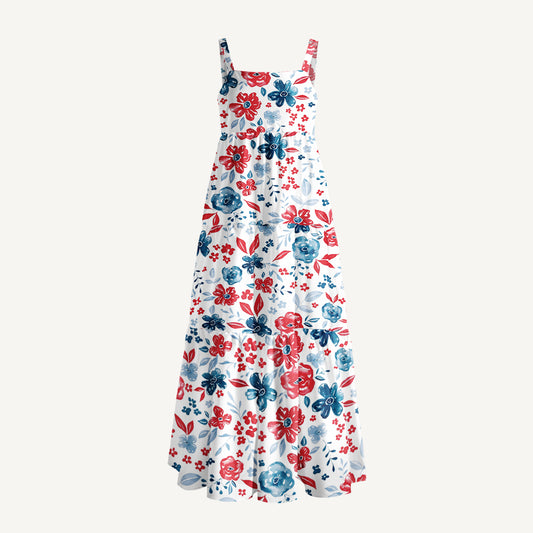 Patriotic Floral American Flag Print Wide Straps Maxi Dress With Pockets