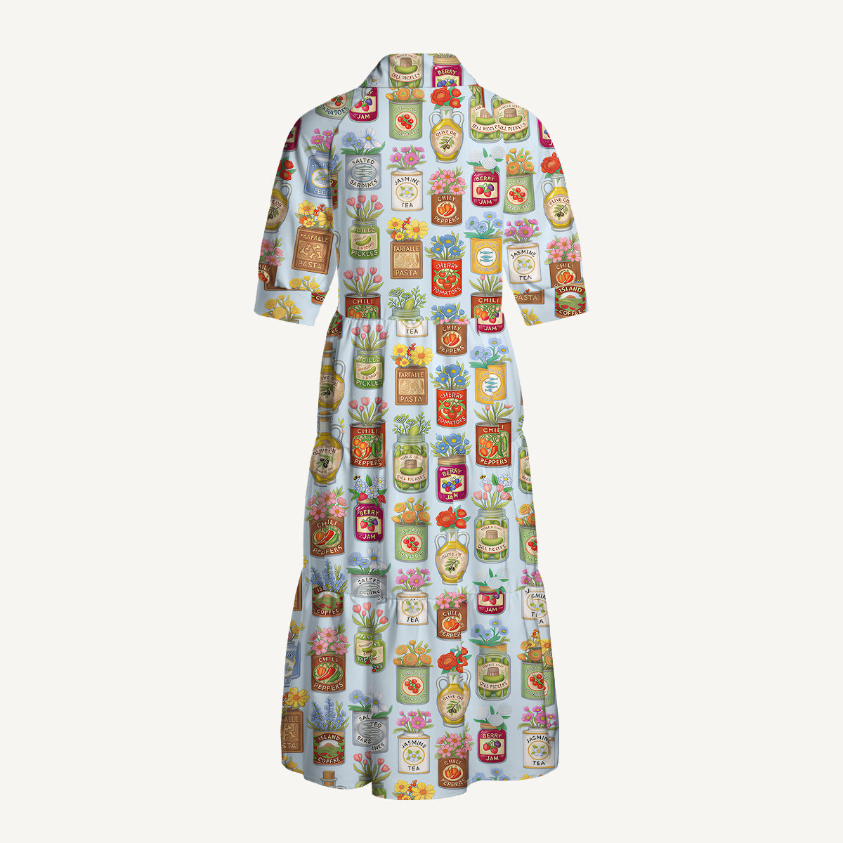 V Neck Collared Vintage Pantry Label Print Casual Midi Dress With Pockets
