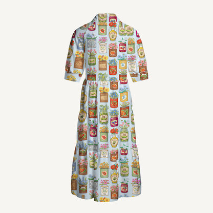 V Neck Collared Vintage Pantry Label Print Casual Midi Dress With Pockets