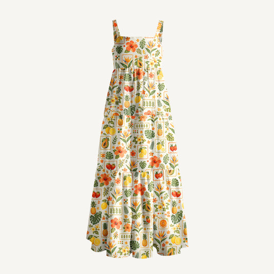 Tropical Citrus Stamp Collage Print Wide Straps Maxi Dress With Pockets