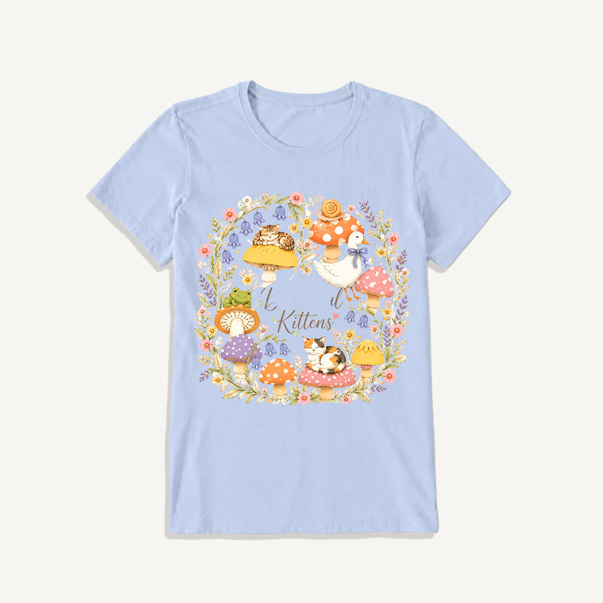 Botanical Kittens Mushroom Wreath Print Crew Neck Cotton Tee