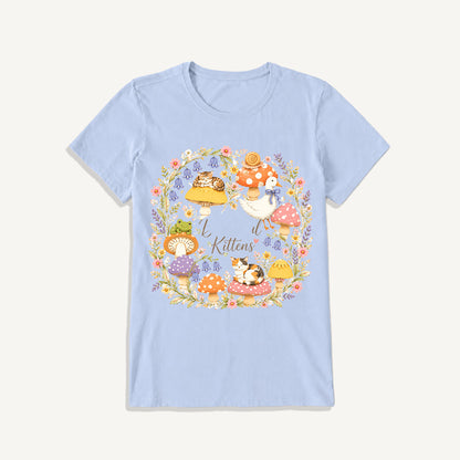 Botanical Kittens Mushroom Wreath Print Crew Neck Cotton Tee