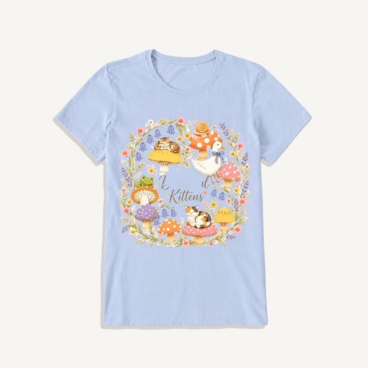 Botanical Kittens Mushroom Wreath Print Crew Neck Cotton Tee
