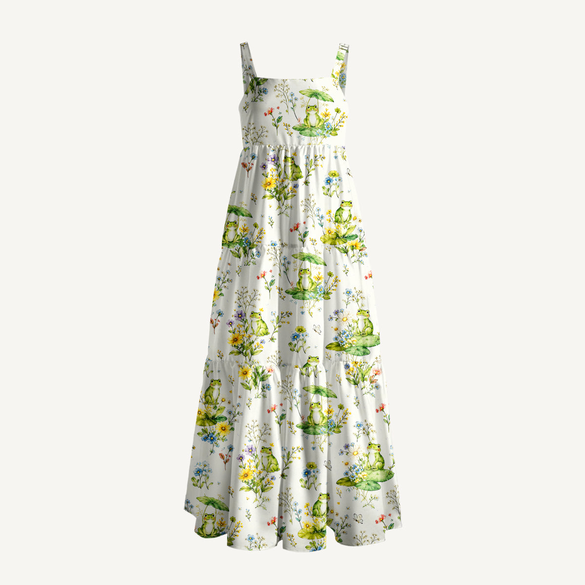 Pond Frog Garden Print Wide Straps Maxi Dress With Pockets