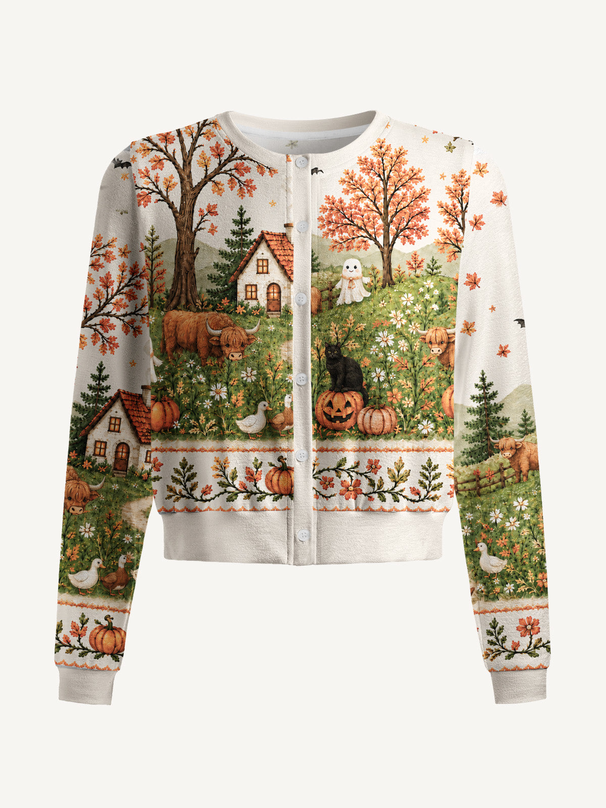Lightweight Crew Neck Long‑Sleeve Cropped Autumn Pumpkin Pasture Print Fine‑Knit Cardigan