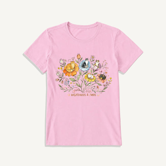 Wildflowers And Purrs Bloom Print Crew Neck Cotton Tee