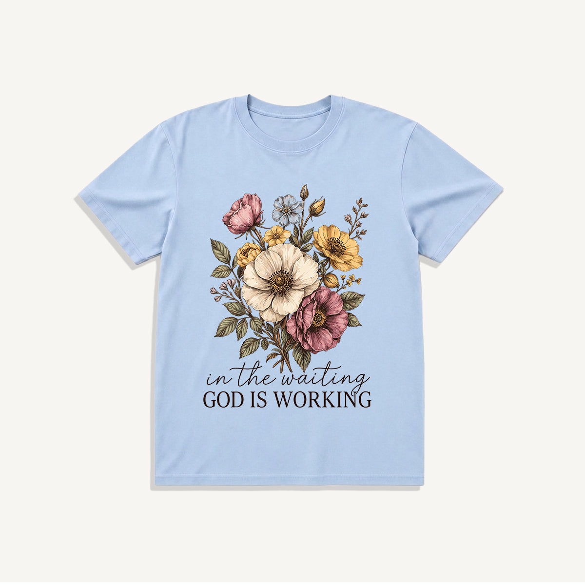 Vintage Wildflowers Bouquet Print Crew Neck Cotton Tee