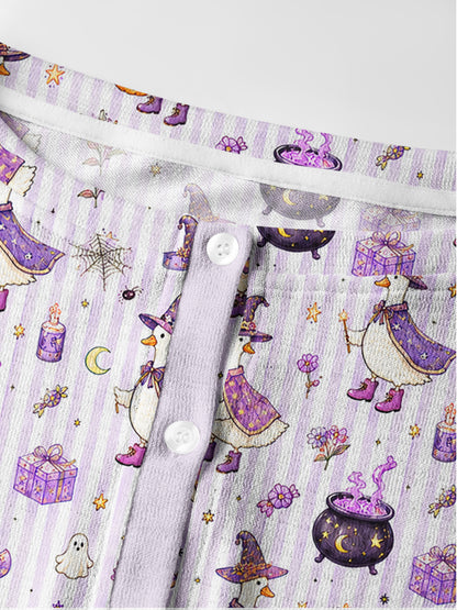 Lightweight Crew Neck Long‑Sleeve Cropped Halloween Witch Gooses Print Fine‑Knit Cardigan