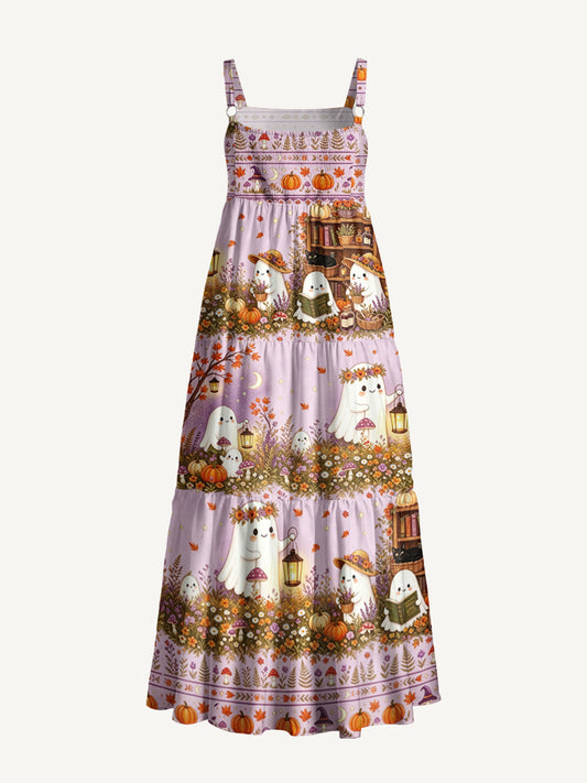 Lavender Pumpkin Country Ghost Print Wide Straps Maxi Dress With Pockets