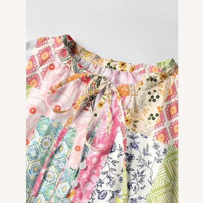 Colorful Bohemian Patchwork Print Boho Tie‑Neck Smock Mini Dress