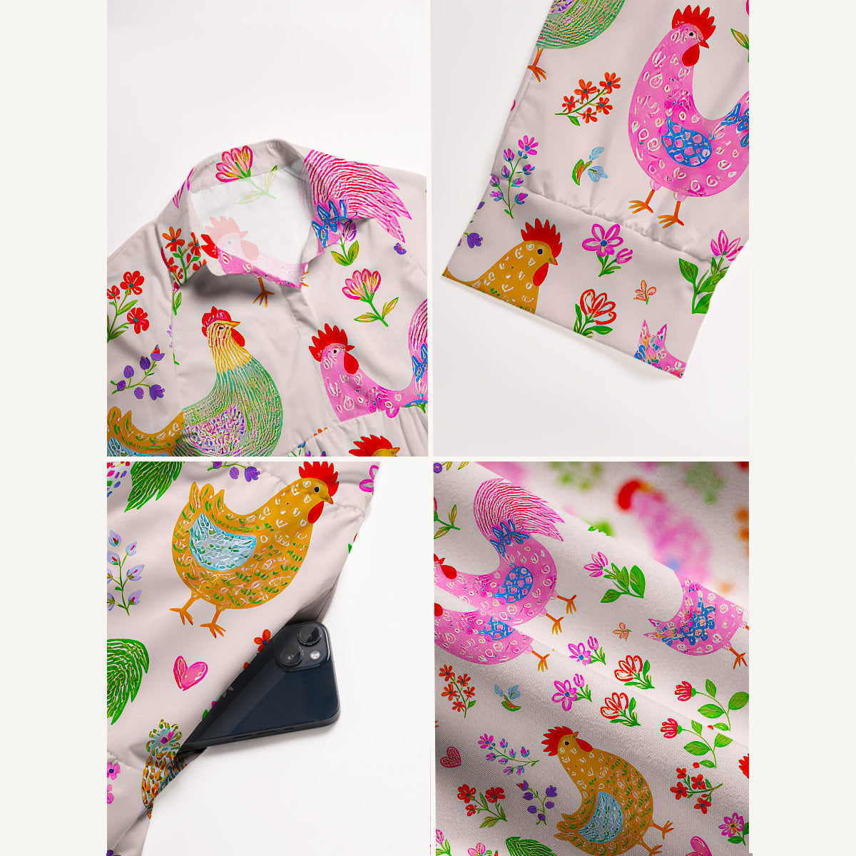 Colorful Farm Chickens Print Casual Midi Dress With Pockets