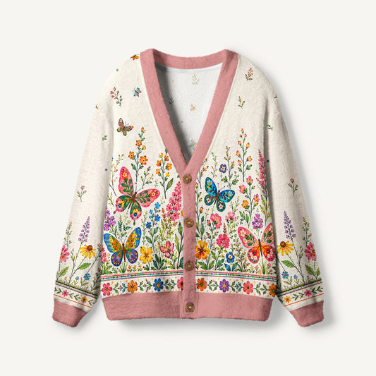 Boho Butterfly Wildflower Meadow Print Ugly Cardigan Sweaters
