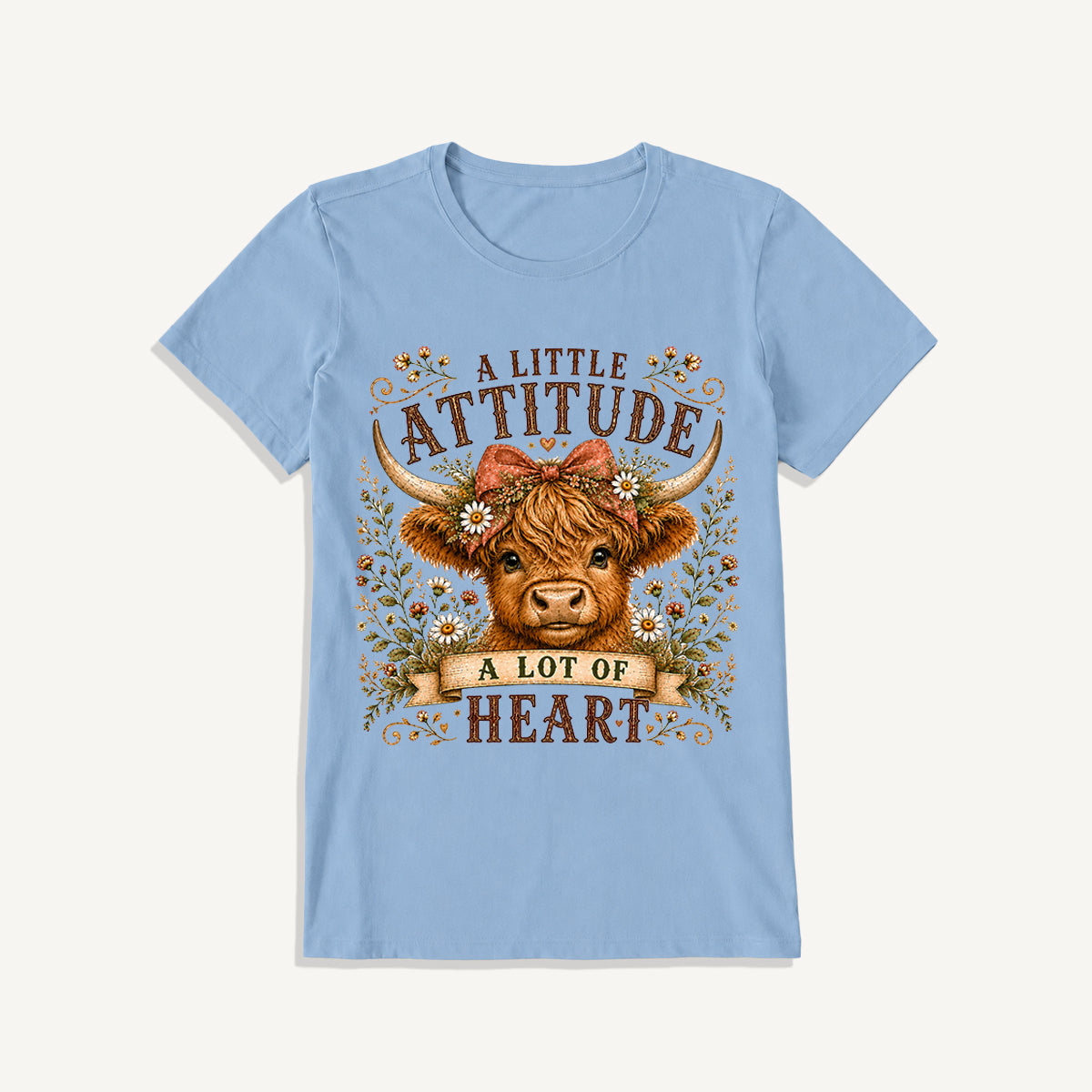 Little Attitude Highland Cow Print Crew Neck Cotton Tee