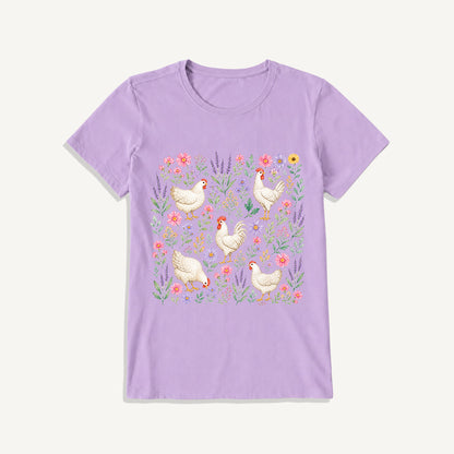 Blooming White Chicken Meadow Print Crew Neck Cotton Tee