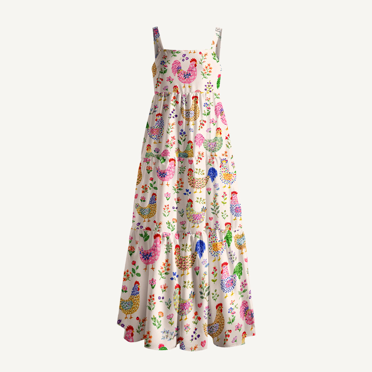 Colorful Farm Chickens Print Wide Straps Maxi Dress With Pockets