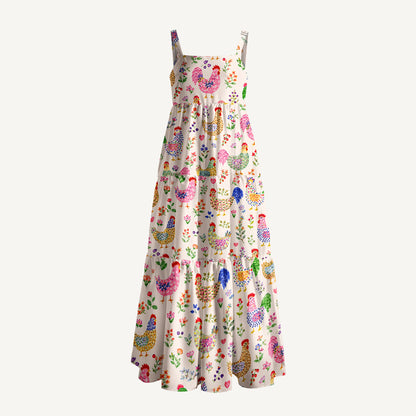Colorful Farm Chickens Print Wide Straps Maxi Dress With Pockets