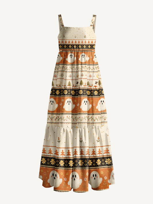 Vintage Ghost Folklore Pattern Print Wide Straps Maxi Dress With Pockets