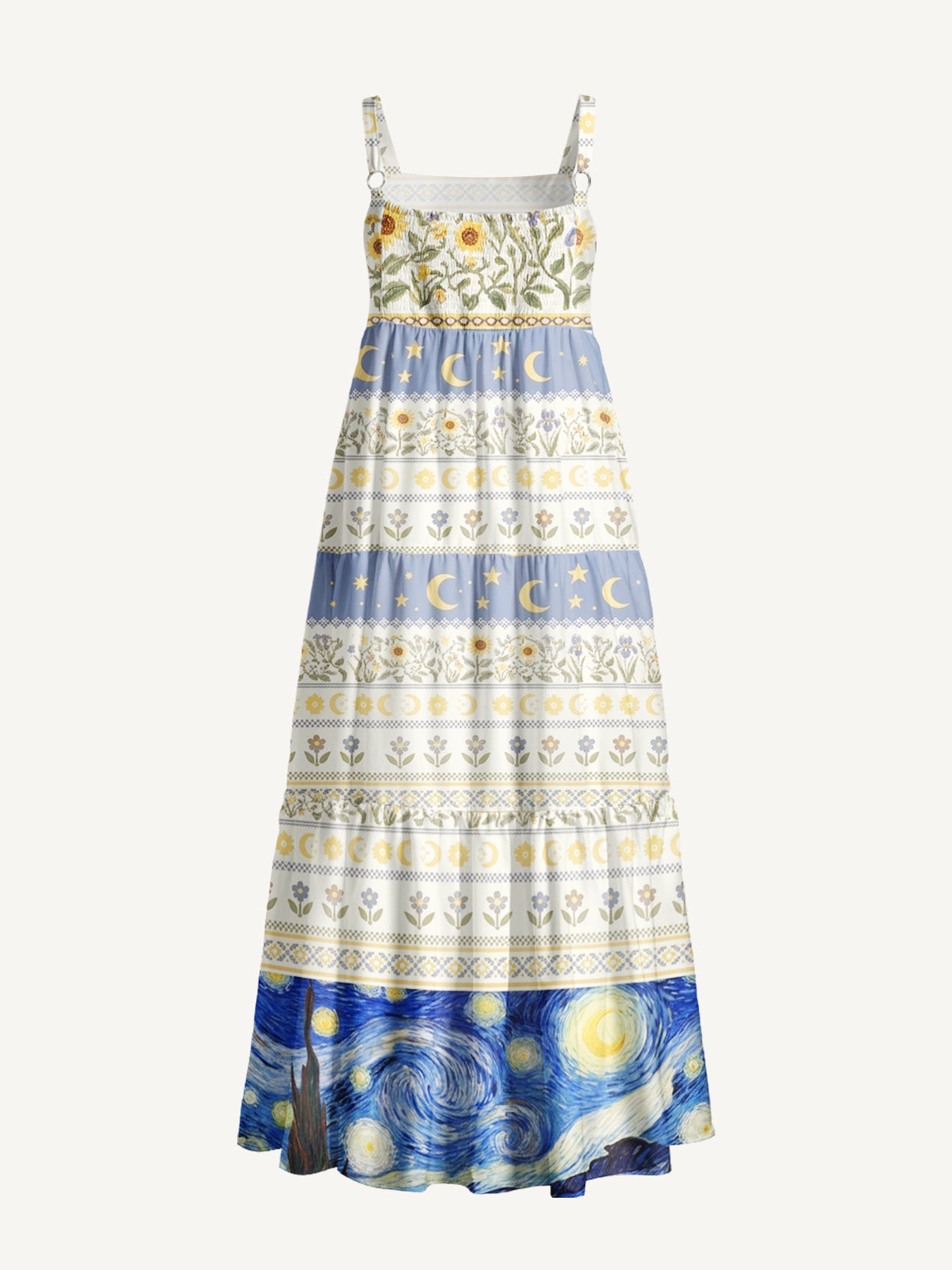 Starry Night Flower Field Print Wide Straps Maxi Dress With Pockets
