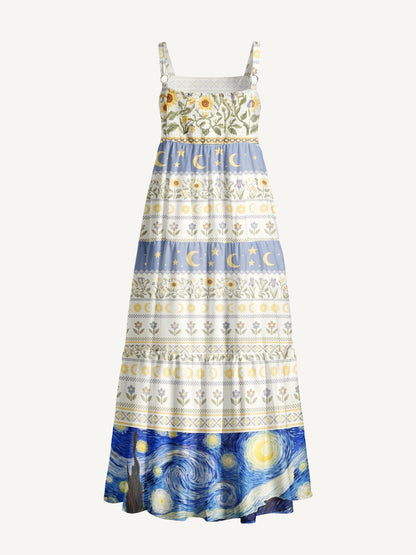Starry Night Flower Field Print Wide Straps Maxi Dress With Pockets