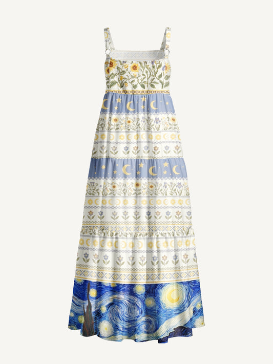 Starry Night Flower Field Print Wide Straps Maxi Dress With Pockets