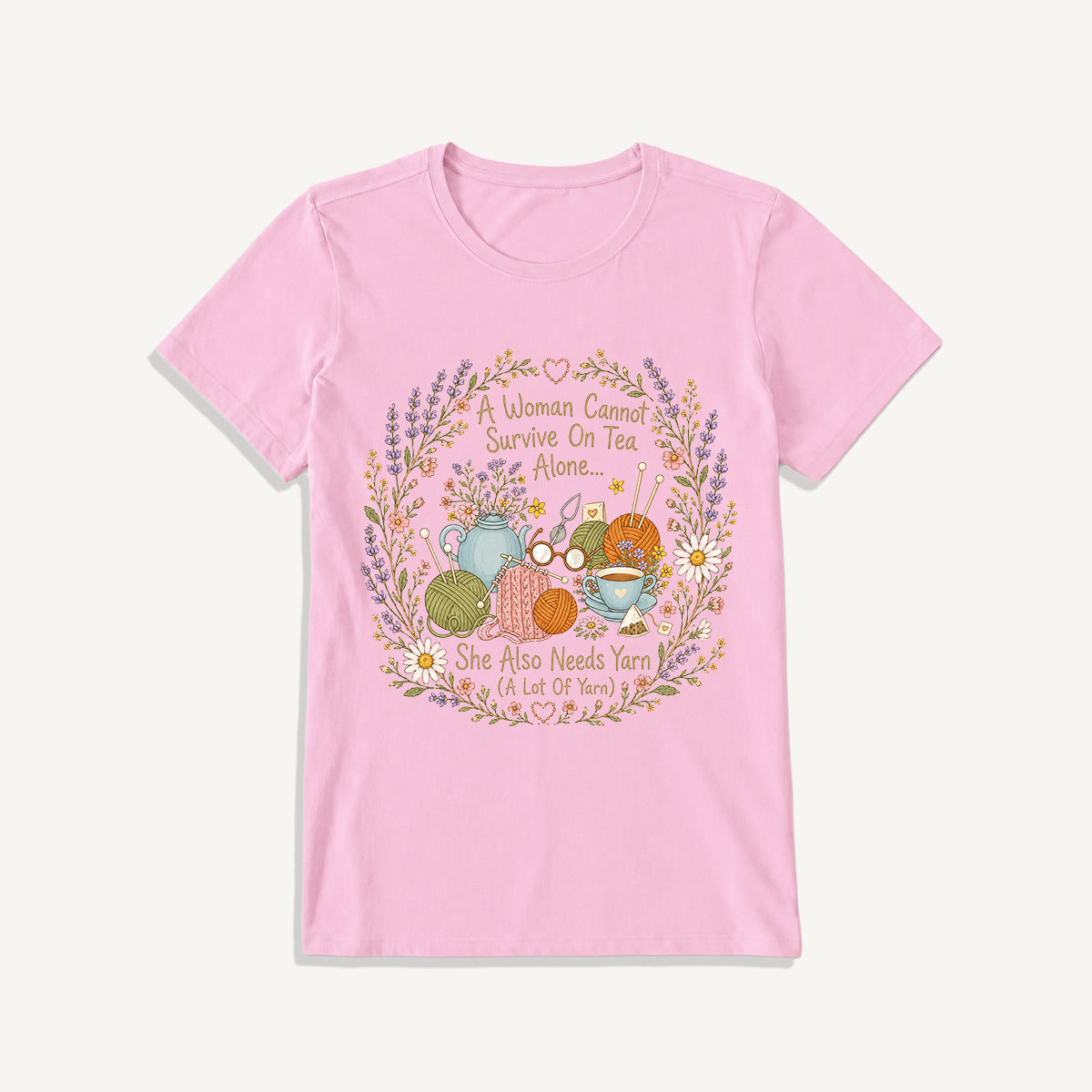 Vintage Floral Knitting Circle Print Crew Neck Cotton Tee