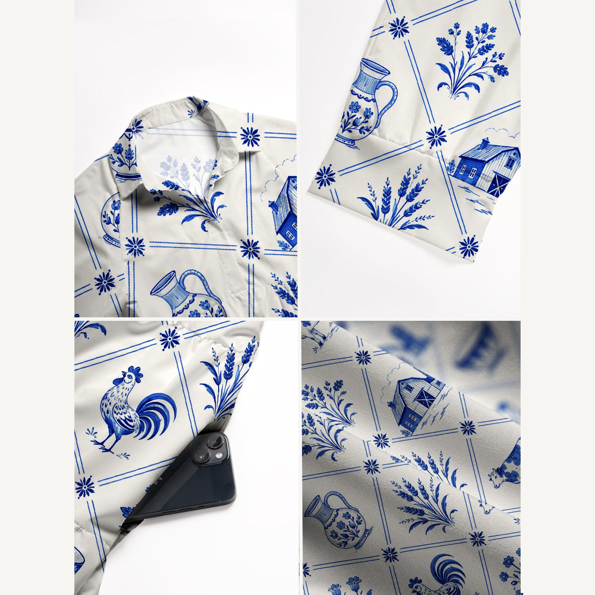V Neck Collared Country Delft Blue Patchwork Print Casual Midi Dress With Pockets