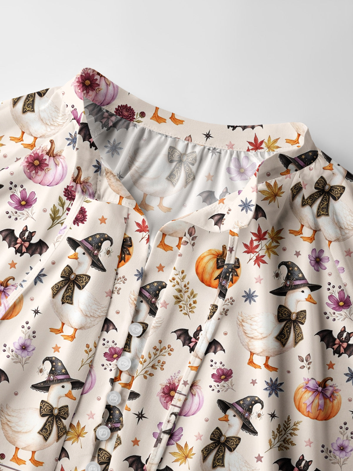 Rustic Halloween Goose Print Boho Long Sleeve Tie‑Neck Blouse