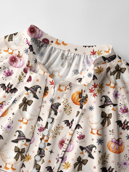 Rustic Halloween Goose Print Boho Long Sleeve Tie‑Neck Blouse