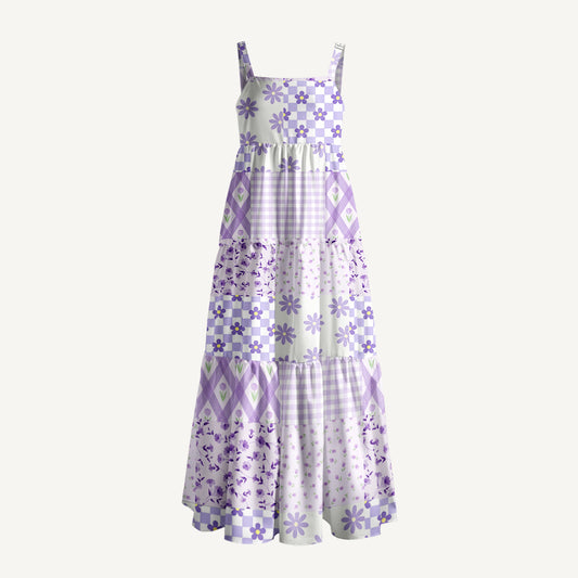 Lavender Daisy & Gingham Print Quilt Wide Straps Maxi Dress With Pockets