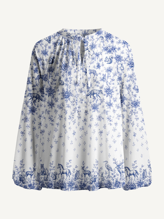 Delft Blue Woodland Story Print Boho Long Sleeve Tie‑Neck Blouse