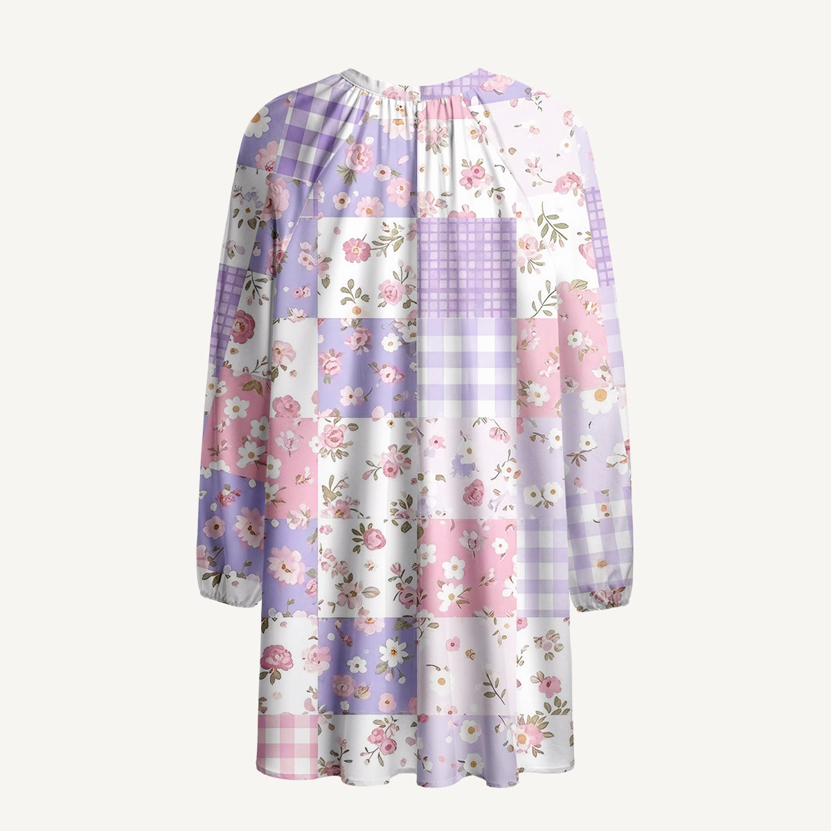 Sweet Cottage Patchwork Print Boho Long Sleeve Tie‑Neck Smock Mini Dress