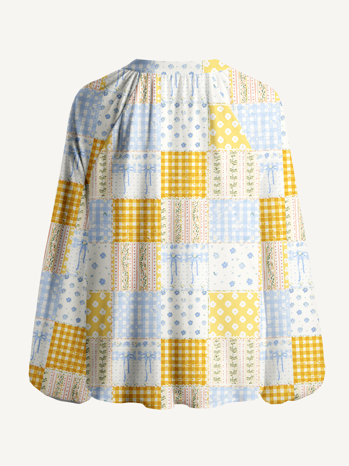 Pastel Floral Patchwork Quilt Pattern Print Boho Long Sleeve Tie‑Neck Blouse