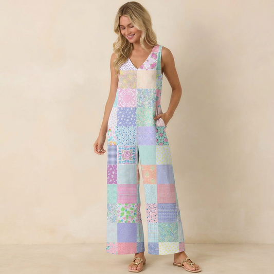 Vintage Quilt Patchwork Print Boho Jumpsuit with Pockets for Women