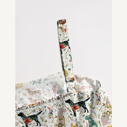 Flower Dog Print Wide Straps Maxi Dress With Pockets