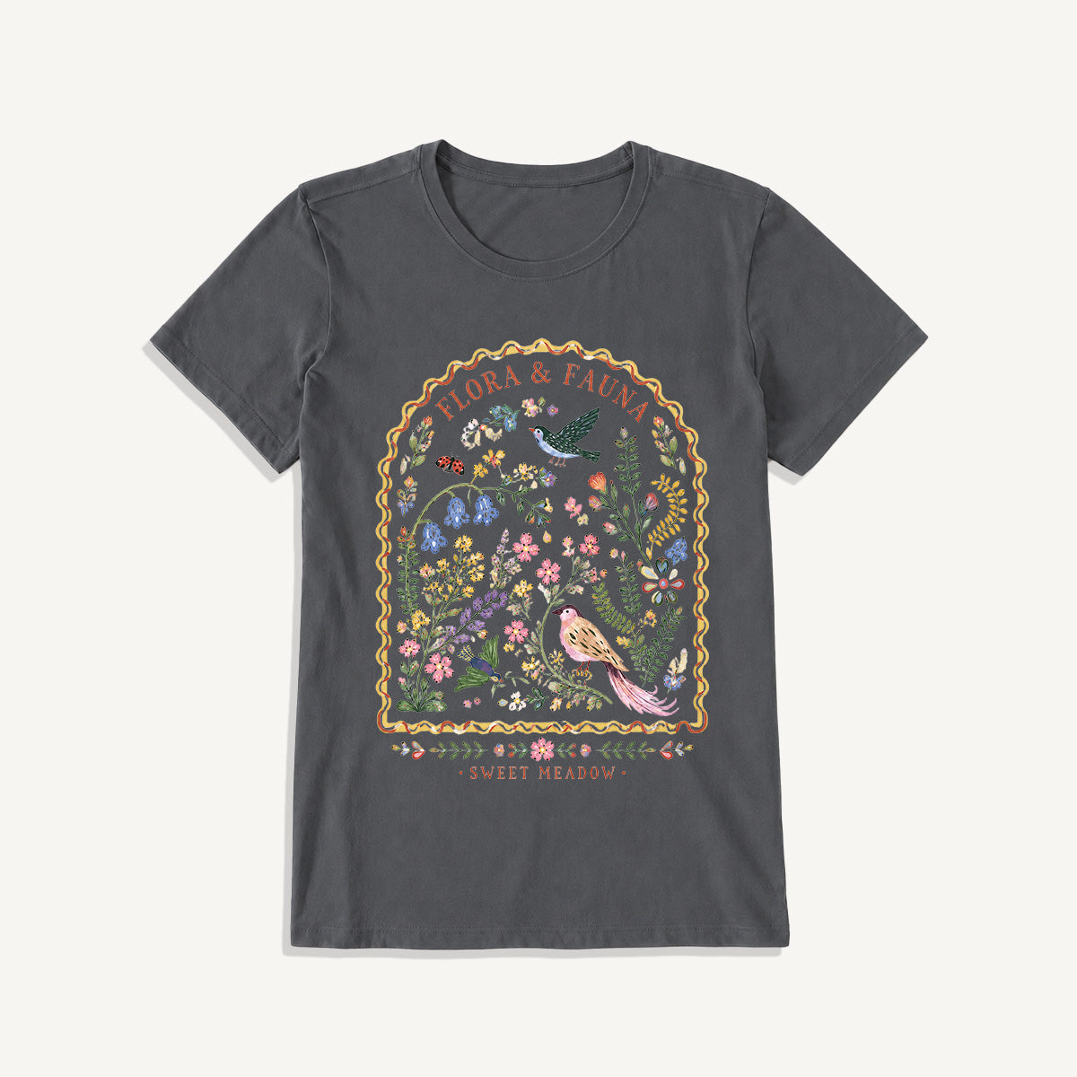 Folk Birds Sweet Meadow Print Crew Neck Cotton Tee