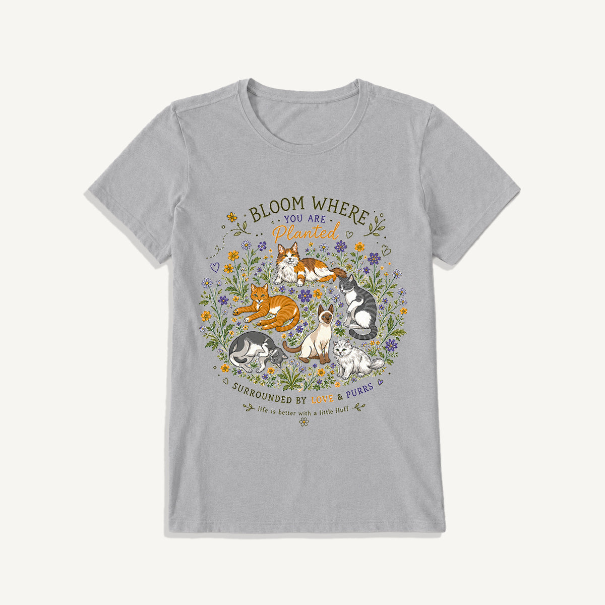 Blooming Cats & Wildflowers Print Crew Neck Cotton Tee