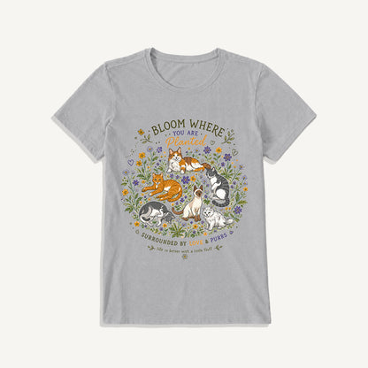 Blooming Cats & Wildflowers Print Crew Neck Cotton Tee